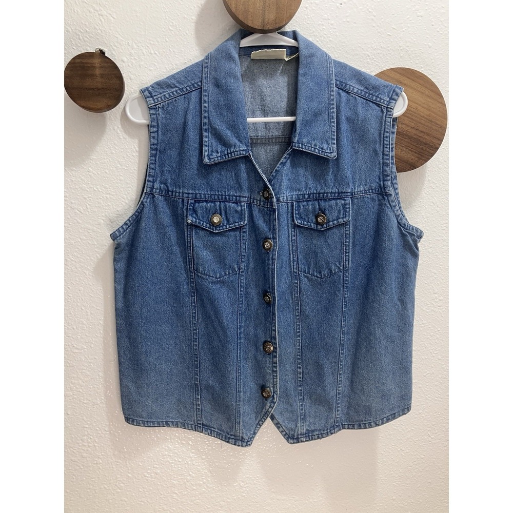 Vintage Rosettes Denim Vest Button Down Medium Western Southwestern Boho Cowgirl